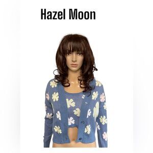 Hazel Moon Y2K blue/ purple floral 2 pieces knit cardigan crop sweater set XS